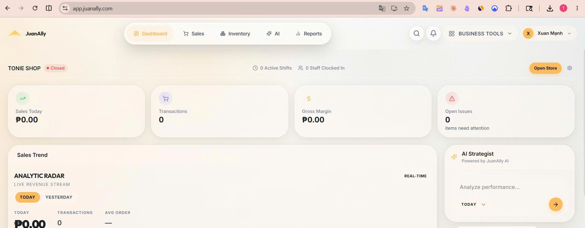 Dashboard AI Sales System — quản lý bán hàng, tồn kho, doanh thu và phân tích AI